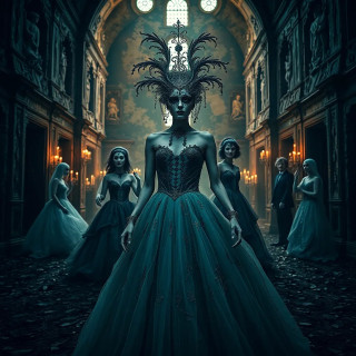 A haunted masquerade ball where ghosts waltz in decaying ballgowns, candlelight flickering in a ruined palace.