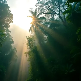 “Dense emerald rainforest with towering kapok trees, sunbeams piercing fog, wide-angle 16 mm, rich HDR tones, photographic”