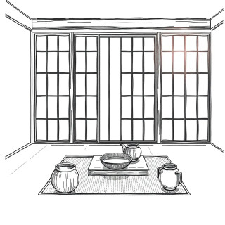 Elegant minimalist Japanese tea room, clean lines, natural materials, soft morning light through shoji screens, peaceful zen ambiance, high-definition digital art