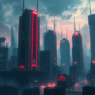 A dystopian city where skyscrapers are made of ice, slowly melting under a black sun while neon graffiti rebels rewrite reality.