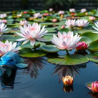 “Zen koi pond dotted with blooming sacred blue lotus (Nymphaea caerulea), pink Nelumbo komarovii, and jewel-toned mosaic plant (Ludwigia sedioides) rosettes, tranquil ripples, photographic”