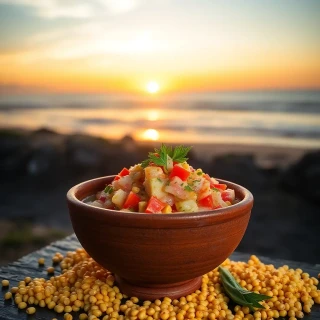 “Peruvian ceviche mixto in a rustic ceramic bowl, cancha corn scattered, Pacific coast sunset in background, crisp high-key foodie lighting”