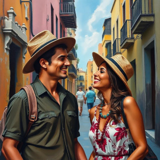 Happy couple in Mexico streets, oil painting