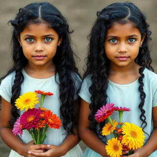 2 beautiful 11 years old girls, long curly black hair with green eyes, colorful flowers in their hands