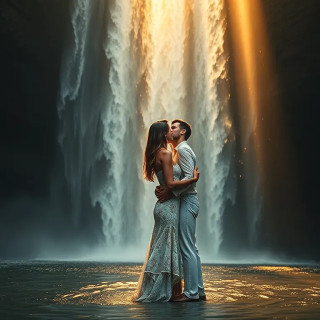 Lovers kissing under a waterfall, golden light filtering through the mist, their hands intertwined, dreamy and soft focus.