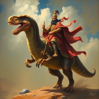 Glorious Ancient prince riding a dinosaur , oil-paining, ultra-detailed