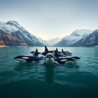“Pod of orcas slicing through jade-green fjord, snow-capped peaks towering on both sides, low polar sunlight, drone perspective, photographic, panoramic view”