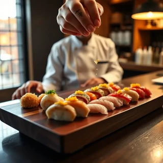“Japanese omakase nigiri lineup on lacquered cedar board, chef’s hand sprinkling yuzu zest, warm sushi-bar lighting, 85 mm lens realism”