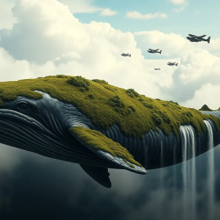 Colossal whale floating in the clouds, covered in moss and waterfalls, airships circling like tiny birds.
