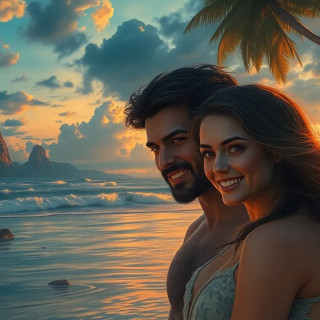 Happy couple in the beach, oil pinting