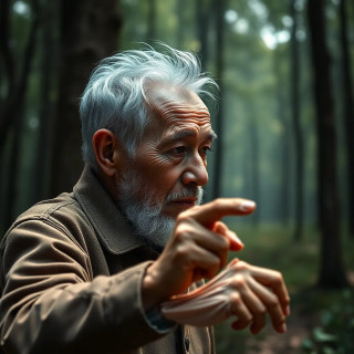 old man doing sport in the forest