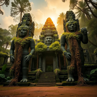 A forgotten temple guarded by stone golems covered in glowing vines, golden light filtering through jungle canopy.