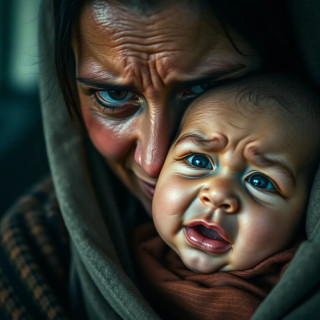 Woman crazy with her baby; the baby make her cry because he wants to get out of the house