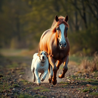 Horse running with his friend the dog.