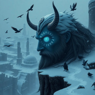 Odin on a frozen cliff during a blizzard, missing eye glowing with blue runes, ravens flying around, Norse ruins in the snow, highly detailed dramatic scene