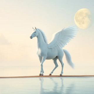 A majestic white pegasus, centrally positioned, stands on a tranquil shoreline.  The pegasus is a large, muscular, and elegant creature, with large, detailed, white feathered wings spread wide, and a flowing mane and tail. Its posture is calm and alert, standing with all four hooves firmly planted on the shore's edge,  facing slightly to its left, its head tilted slightly. The environment is a serene coastal scene with a calm, light teal-toned water reflecting the pale sky.  Soft, golden-toned clouds are scattered across a light, teal-toned sky, with a large, prominent pale yellow-white moon positioned high in the upper right quadrant. The lighting suggests a serene sunset or sunrise, with soft, diffused light casting gentle highlights and shadows on the pegasus and the water. The scene has a dreamlike, fantastical quality. The composition is balanced, with the pegasus as the focal point against the backdrop of the sky, clouds, and water.  The colors are pastel and harmonious, evoking a sense of peace and wonder. The overall style is artistic and imaginative, reminiscent of a fantasy painting.