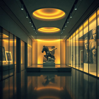A futuristic art museum interior, ultra-detailed, glowing ambient lights, sleek architecture with glass walls, calm atmosphere, soft pastel tones, in a cinematic style