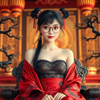 A raw professional quality photorealistic high-detail textures a youthful stunning sultry cute Chinese maiden wearing glasses with dark amber seductive eyes seated on an ornate throne flanked by two large gnarled bonsai trees inside an opulent warmly lit Buddhist temple. She has dark hair in twin long ponytails and twin buns with gold hairpins and a delicate antique gold filigree headpiece. She has voluptuous large C-cup breasts and wears silk bandeau tube top made of delicate sheer black silk mesh with antique gold filigree, the bottom border is antique gold cloud motif filigree. She wears a flowing crimson red satin silk overcoat with deep crimson red swirling floral patterns the long billowy and layered sleeves are bordered with antique gold cloud motif filigree. Overcoat tied at the waist with a jade silk waistband with emerald embroidered filigree & thick jade silk rope with  jeweled tassels, underneath is a woven white silk robe with gold trim, and sheer black thigh-high stockings topped with a thick ornate antique gold filigree border. Jade-green silk ribbons with shiny emerald geometric patterns weave through her hair, drape around her sleeves. She wears a delicate gold lace choker with jade stone and ivory trinkets. She wears a delicate sheer black silk mesh with gold filigree boyshorts. The throne is dark carved wood with metal accents. The temple features tall dark crimson cylindrical pillars covered in ornate copper square geometric patterns and warm toned sandstone walls, a large floor to ceiling rectangular dark wood framed window lights the room casting warm amber ambient light with warm highlights. Pose:  reclined seated sideways on the throne, one leg slightly extended, hands raised casually, a serene seductive gaze toward the viewer. Lighting: soft diffuse light from the frosted glass with rim light on the edges; subtle glow around her. Style: highly detailed raw hyper-realistic photography with anime-influenced realism.A raw professional quality photorealistic high-detail textures a youthful stunning sultry cute Chinese maiden wearing glasses with dark amber seductive eyes seated on an ornate throne flanked by two large gnarled bonsai trees inside an opulent warmly lit Buddhist temple. She has dark hair in twin long ponytails and twin buns with gold hairpins and a delicate antique gold filigree headpiece. She has voluptuous large C-cup breasts and wears silk bandeau tube top made of delicate sheer black silk mesh with antique gold filigree, the bottom border is antique gold cloud motif filigree. She wears a flowing crimson red satin silk overcoat with deep crimson red swirling floral patterns the long billowy and layered sleeves are bordered with antique gold cloud motif filigree. Overcoat tied at the waist with a jade silk waistband with emerald embroidered filigree & thick jade silk rope with  jeweled tassels, underneath is a woven white silk robe with gold trim, and sheer black thigh-high stockings topped with a thick ornate antique gold filigree border. Jade-green silk ribbons with shiny emerald geometric patterns weave through her hair, drape around her sleeves. She wears a delicate gold lace choker with jade stone and ivory trinkets. She wears a delicate sheer black silk mesh with gold filigree boyshorts. The throne is dark carved wood with metal accents. The temple features tall dark crimson cylindrical pillars covered in ornate copper square geometric patterns and warm toned sandstone walls, a large floor to ceiling rectangular dark wood framed window lights the room casting warm amber ambient light with warm highlights. Pose:  reclined seated sideways on the throne, one leg slightly extended, hands raised casually, a serene seductive gaze toward the viewer. Lighting: soft diffuse light from the frosted glass with rim light on the edges; subtle glow around her. Style: highly detailed raw hyper-realistic photography with anime-influenced realism.