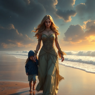 A glorious woman walking with her 2 children. she is hold their hand at the beach.