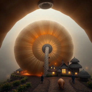 A village inside a giant snail’s shell, where streets spiral upward, and residents ride glowing slugs to work