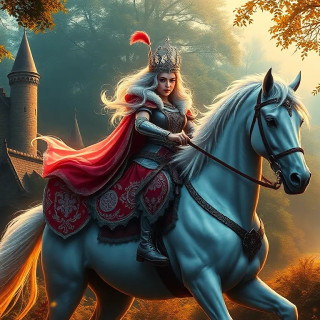 Glorious Princess of Netherlands in full body riding a white horse in the forest, background: the castle, the garden