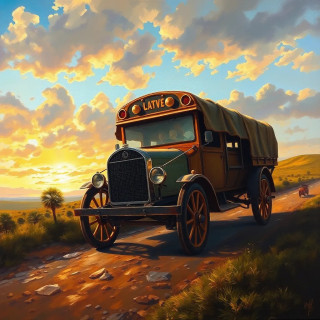Ancient car in the road, nature, oil painting