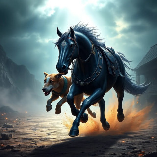 Horse running with his friend the dog.