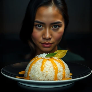 “Thai mango sticky rice plated as a minimalist fine-dining dessert, glossy coconut drizzle, edible gold leaf accent, dark moody backdrop, cinematic”