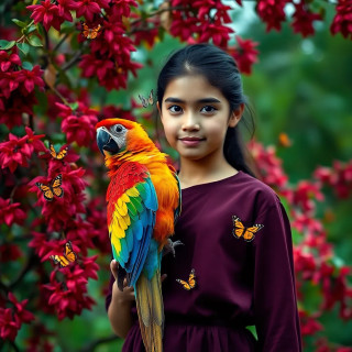 A beautiful 15 year old girl holding a colorful parrot on a crimson tree with butterflies around her