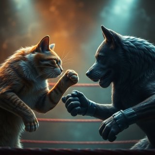 a cat and adog are fighting hard in box ring.