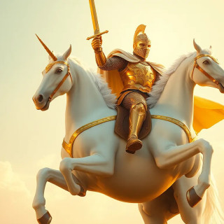 A knight in shining gold armor rides a magnificent white unicorn. The knight, positioned slightly to the right of center, is mid-stride, with a triumphant pose, holding a golden sword aloft.  His armor is detailed, showcasing intricate patterns and gleaming surfaces. He wears a flowing, off-white cape that billows behind him. The unicorn is a pure white, with a large horn on its forehead.  The horse is in a dynamic, rearing pose, with all four legs off the ground. The background features a pale blue sky dotted with soft, fluffy white clouds.  Warm, golden light bathes the scene, creating a dramatic and heroic atmosphere. The image has a stylized, somewhat romanticized aesthetic, evoking a sense of fantasy and adventure. The perspective is slightly from below, emphasizing the height and grandeur of the scene.  The composition is balanced, focusing attention on the knight and unicorn in the foreground against the sky.