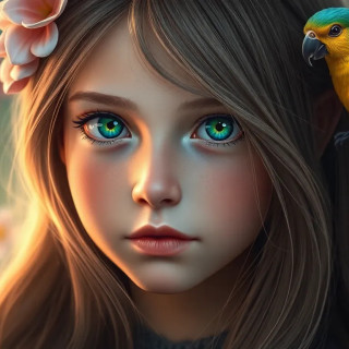 A very beautiful 8 years old girl, long hair with green eyes,  a colorful bird on her head, background: flowers