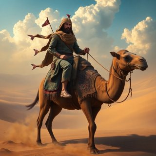 Ancient traveler riding his camel in desert