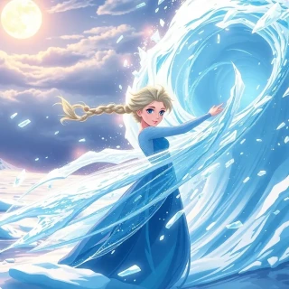 “Elsa summoning an ice cyclone on a frozen fjord, swirling shards catching moonlight, wind-tossed braid, expression of focused empowerment”