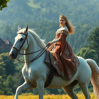 Glorious Princess of Netherlands in full body riding a white horse in the forest, background: the castle, the garden