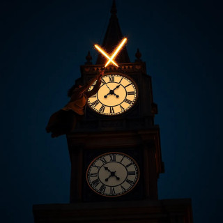 Two rivals dueling atop a clock tower at midnight, gears turning behind them, each strike perfectly timed.