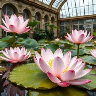 “Victorian glasshouse pond displaying giant Victoria amazonica water-lily pads with blooming porcelain-pink flowers, dwarf papyrus, and floating white water snowflakes, crystalline reflections, photographic”