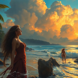 Happy couple in the beach, oil pinting