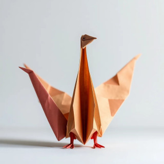 A towering origami crane folded from antique parchment, soft studio lighting, delicate paper textures, still-life composition