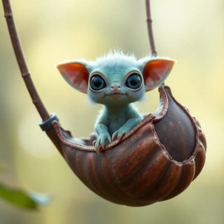 A tiny, furry alien with big eyes and wing-like ears, riding a floating seed pod like a balloon, Pixar-style charm.