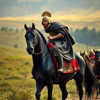 Alexander the Great is riding his black horse, going to war with his scaring army.