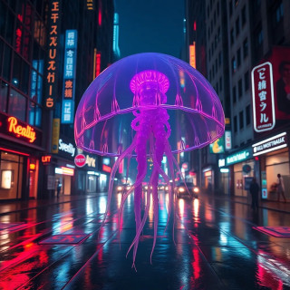 A giant transparent jellyfish floating through a neon-lit cyberpunk city, reflections on wet streets, cinematic lighting.