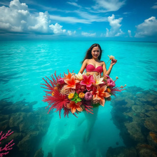 A mermaid’s bouquet of coral and sea flowers drifting in a turquoise lagoon, vibrant and playful.