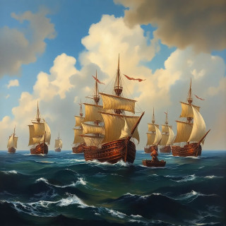 War between ancien ships in the sea, oil painting.