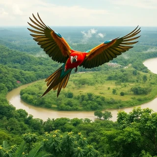 “Macaws swooping above emerald Amazon canopy, serpentine river glimmering in distance, mist chimneys rising, helicopter shot, photographic, panoramic view”