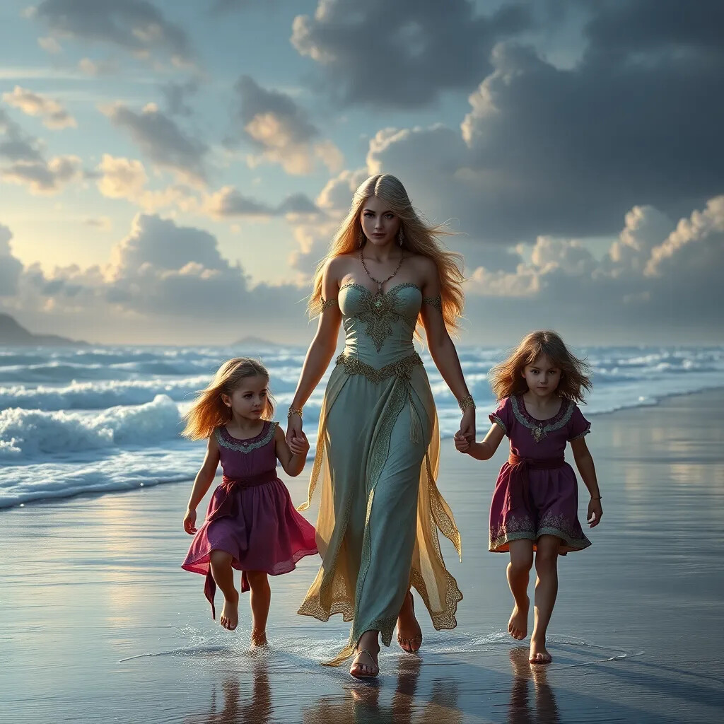 A glorious woman walking with her 2 children. she is hold their hand at the beach.