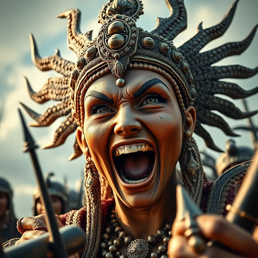 Angry war Godess laughing in sky view, warriors are scared of the Godess