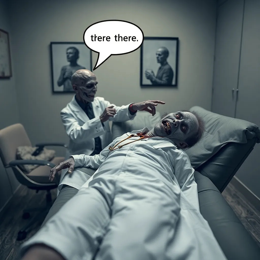 zombie laying on his back on psych couch, in a psych office, zombie doctor in white coat petting the patient on the head saying ' there there' in a speech bubble. there is a picture on the wall with a zombie drinking coffee, everyone has a terrified look on their face. only doctor and patient in the room