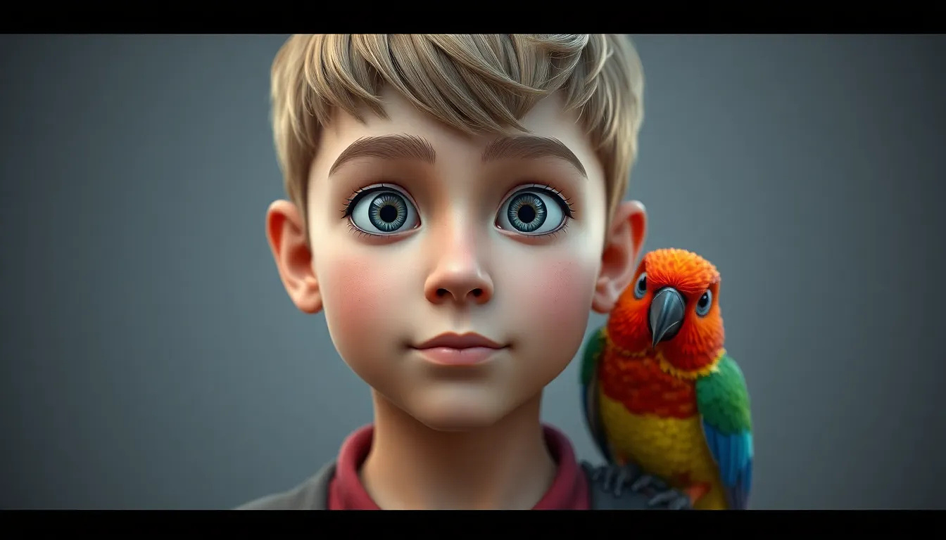 A very beautiful 10 years old boy with grey eyes,  a colorful bird on his shoulder