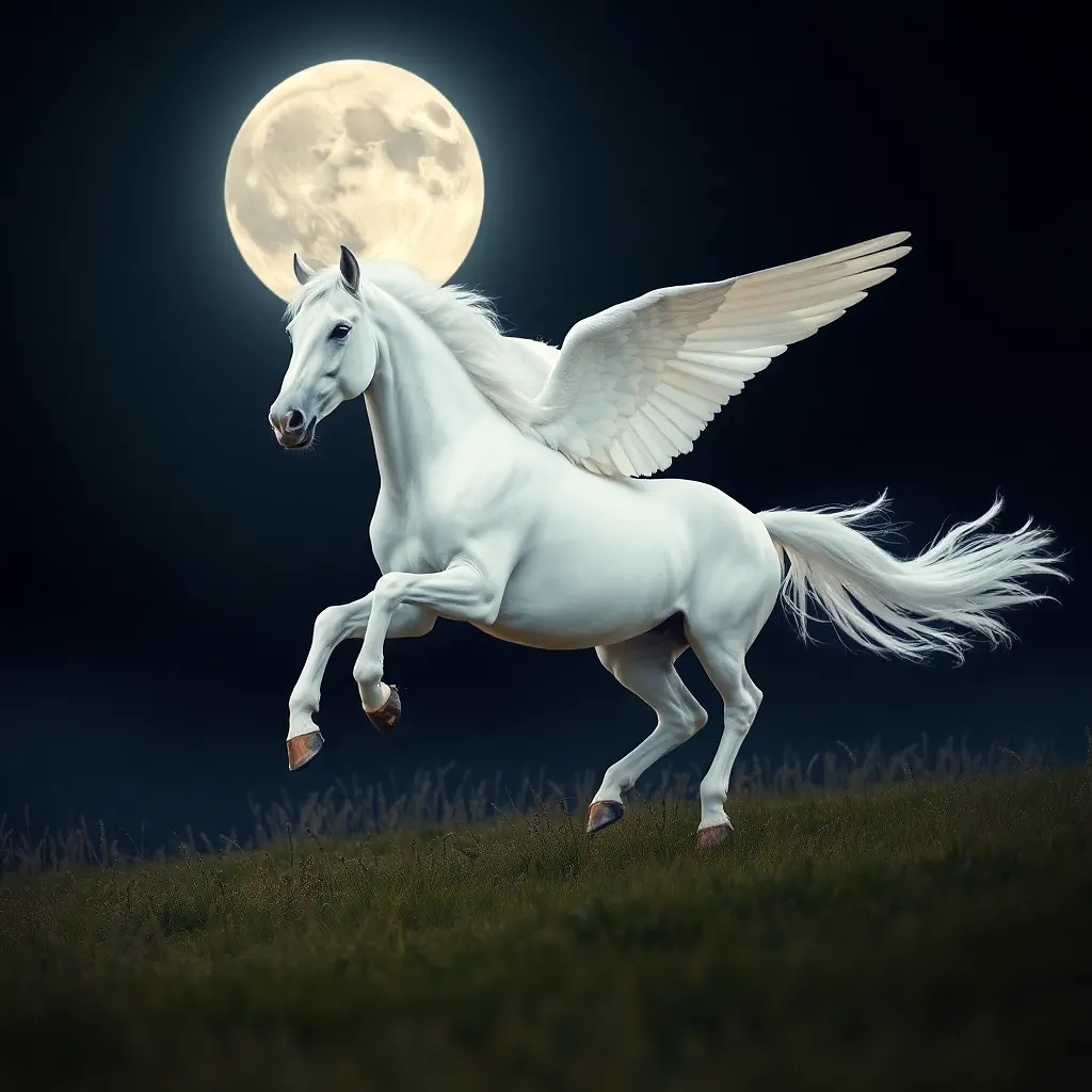 A glorious white pegasus flying in a beautiful moonlit night